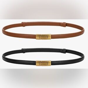 Black & Brown Thin Leather Belts Skinny Belts Leather with Gold Buckle